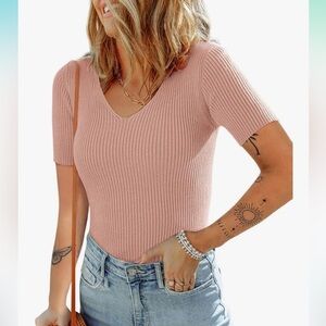 Women’s Pink Short Sleeve Slim Fit V Neck Ribbed Knit Basic Top-…